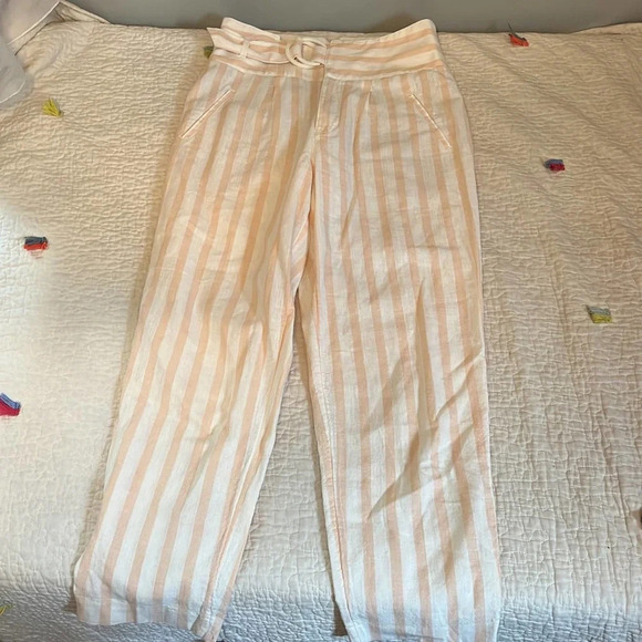 Anthropologie Oasis Pants Striped Belted Linen Pink Size 6 - Picture 1 of 6